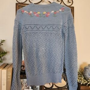 Vintage 60s Floral Embroidered Crochet Sweater Size S